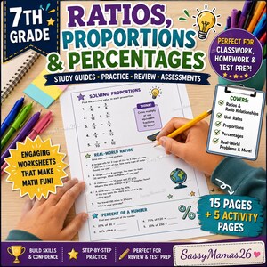 May include: A 7th grade maths worksheet titled Ratios, Proportions & Percentages featuring sections on solving proportions, real-world ratios, and percent of a number. The page includes maths problems, a lightbulb icon, and a globe illustration.