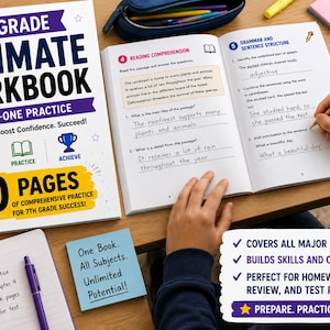 May include: A 7th Grade Ultimate Workbook with a white cover featuring blue and yellow text, alongside an open workbook showing grammar and reading comprehension exercises, a spiral notebook with a to-do list, and a blue sticky note with text.