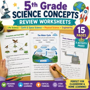 May include: A set of 5th Grade Science Concepts review worksheets featuring 15 pages plus 5 activity pages. The documents include diagrams of ecosystems, food webs, the water cycle, and a rainwater collection design task with written answers.