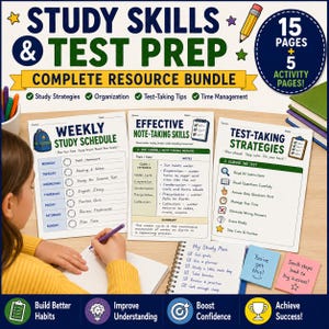 Op de afbeelding: Een studievaardigheden en testvoorbereidingsbundel met drie geprinte werkbladen getiteld Weekly Study Schedule, Effective Note-Taking Skills en Test-Taking Strategies, samen met een spiraalgebonden studieplan-notitieboek en twee memoblaadjes.