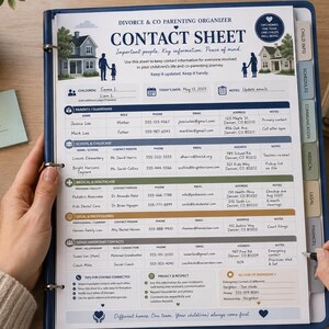 May include: A blue three-ring binder containing a Divorce & Co Parenting Organizer contact sheet. The document features sections for parents, school, medical, legal, and other contacts, with printed text and icons on a white background.