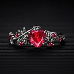 Gothic Heart Cut Ruby Engagement Ring Nature Inspired Vinatge Leaf Black Gold Ring July Birthstone Promise Ring Wedding Gift For Her