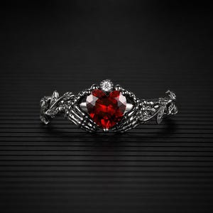 Nature Inspired Heart Cut Garnet Engagement Ring, Gothic Leaf Branch Wedding Ring, Punk Promise Ring, 14K Black Gold Witchy Anniversary Ring