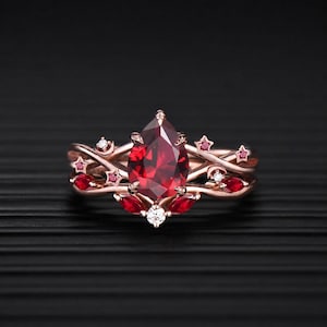 Vintage Pear Ruby Engagement Ring Set, Rose Gold Moon Star Bridal Ring