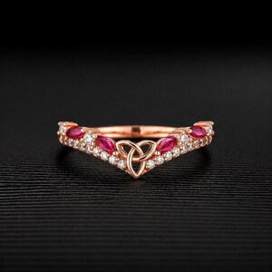 Unique Ruby Wedding Band Solid Gold Curved Wedding Band Moissanite Celtic Ring Art Deco Irish Celtic Stackable Rings Anniversary Gifts