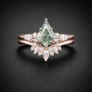 Kite Moss Agate Engagement Ring Set, Sterling Silver Curved Wedding Ring