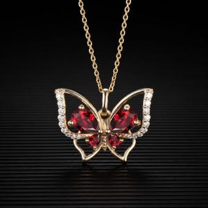 Teardrop Ruby Butterfly Necklace Vintage 14K Yellow Gold Vintage Red Gemstone Pendant Unique July Birthstone Lucky Spring Gifts For Women