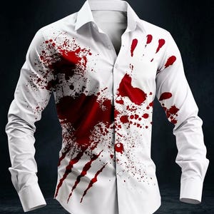 May include: A white long-sleeve button-down shirt featuring a red graphic print that resembles blood splatters, a large handprint on the right side, and three vertical claw marks near the bottom hem, complete with a standard collar and front buttons.