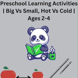 Puede incluir: Un cuaderno de trabajo imprimible para niños pequeños con el texto "Opposite Workbook for Toddlers | Printable Preschool Learning Activities | Big Vs Small, Hot Vs Cold | Ages 2-4". La imagen incluye un panda leyendo un libro, dos manzanas rojas y lápices.