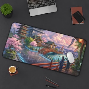 Tappetino da scrivania giapponese Cyber Samurai / Tappetino per mouse con paesaggio urbano Neo Edo / Tappetino da gioco Pagoda Sakura / Arte da giardino anime cyberpunk / Decorazione zen al neon