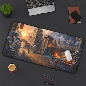 Puede incluir: Alfombrilla de ratón rectangular con una detallada escena de ciudad de fantasía, que incluye una torre del reloj, un puente y estatuas. La obra de arte utiliza tonos cálidos de naranja, dorado y marrón, con un borde negro. Un ratón blanco descansa sobre ella.
