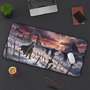 Berserk Inspired Desk Mat | Hill of Swords Mouse Pad | Dark Fantasy Anime Art | Eclipse Large Gaming Mat | Gothic Watercolor Decor