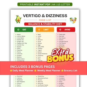 Könnte beinhalten: Eine druckbare PDF-Lebensmittelliste mit dem Titel Vertigo & Dizziness Balance & Stability Diet. Das Dokument enthält drei Spalten mit den Bezeichnungen Eat, Limit und Avoid mit aufgezählten Lebensmitteln. Es enthält eine Cartoon-Avocado, eine herzförmige Lebensmittelgrafik und ein rotes Banner mit der Aufschrift Includes 3 Bonus Pages: Daily Meal Planner, Weekly Meal Planner und Grocery List.