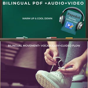 Puede incluir: Imagen que promueve el aprendizaje del español a través del yoga. La mitad superior presenta texto en una pizarra verde, incluyendo "Learn Spanish Through Yoga" y "Bilingual PDF + Audio + Video". Un libro titulado "Español" con auriculares descansa en la pizarra. La mitad inferior muestra a una persona atándose una zapatilla blanca.
