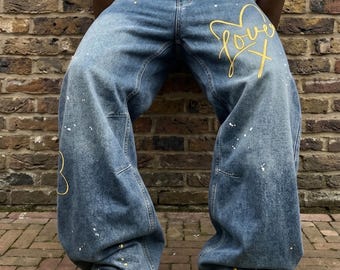 Men's Wide Leg Jeans – Love Print Baggy Denim Streetwear Pants (Oversized Fit)
