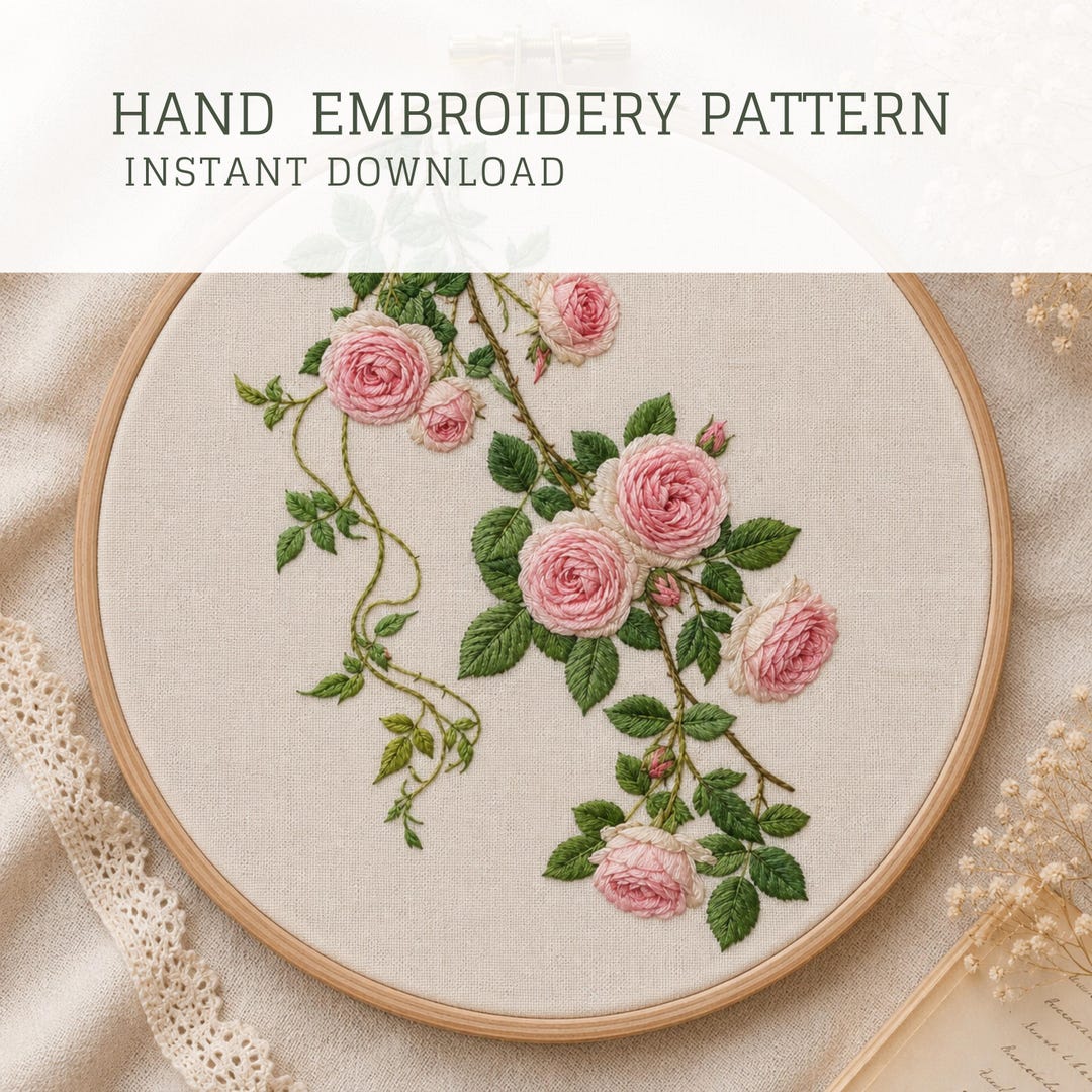 Cascading Roses Embroidery Pattern, Botanical Floral Hand Stitch Design ...