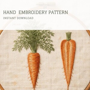 Botaniskt morotsbroderimönster PDF, realistisk grönsaksdesign, omedelbar nedladdning