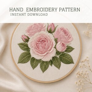 Rosa rosbroderimönster, realistisk blommig ringkonst (digital nedladdning)