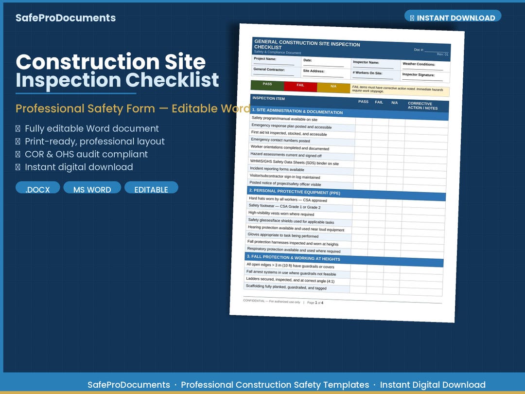 Construction Site Inspection Checklist | Professional Safety Form ...