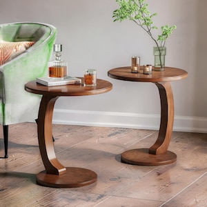 Moderne C-vormige salontafel, salontafel in walnootstijl met houten accent, salontafel, c-vormige tafel, bijzettafeltje, bijzettafeltje, rond bijzettafeltje