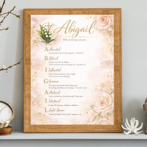 May include: A framed print with the name "Abigail" in gold script, with floral and watercolour details. The print includes inspirational text and definitions, set within a wooden frame. The colour scheme is soft, with beige, pink, and gold hues.