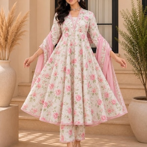 jaipuri cotton dress with dupatta Blue jaipuri cotton floral print gown with pant and dupatta