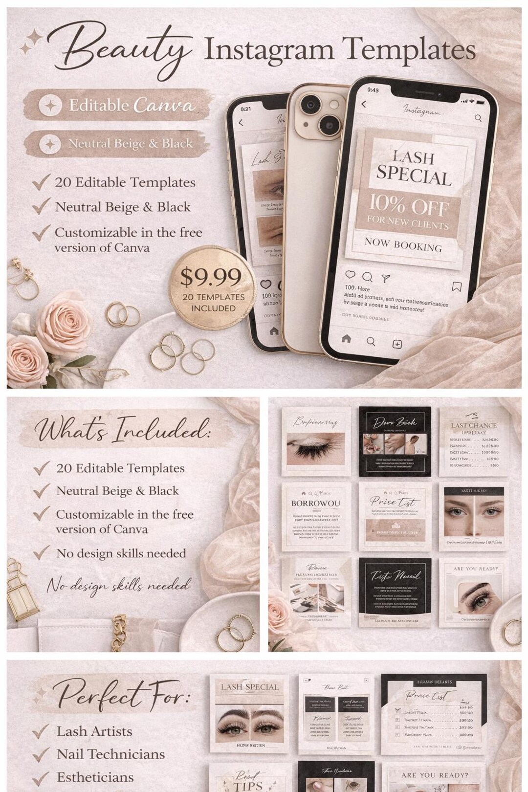 Beauty Instagram Templates Canva | Editable Social Media Kit | Lash ...