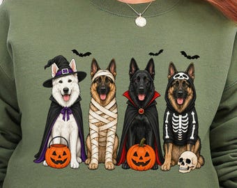 German Shepherd Halloween Shirts, Choice of Spooky Holiday GSD Crewneck Sweater or Graphic T-Shirt, K9 Dog Handler Trainer Gift