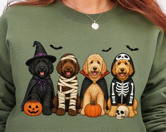 Goldendoodle Halloween Shirts, Choice of Spooky Holiday Golden Doodle Crewneck Sweater or Graphic T-Shirt, Doodle Dog Lover Gifts for Women