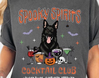 Black German Shepherd Halloween Shirt, Spooky Spirits Cocktail Club GSD Comfort Colors T-Shirt, Custom K9 Handler Trainer Fall Holiday Tee