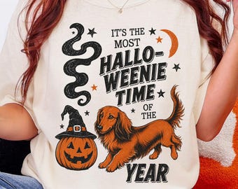 Red Longhaired Dachshund Halloween Shirt, Spooky Doxie T-Shirt, Funny Fall Weenie Dog Graphic Tee, Humorous Comfort Colors Wiener Dog Gift