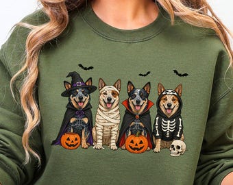 Heeler Dogs Halloween Sweatshirt, Spooky Blue and Red Australian Cattle Dog Crewneck Sweater, Herding Dog Lover Fall Holiday Shirt for Women