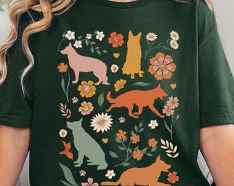 German Shepherd Shirt, Boho Floral T-Shirt, Botanical Wildflowers GSD Graphic Tee, Cottagecore Shepherd Dog Lover Gifts Women