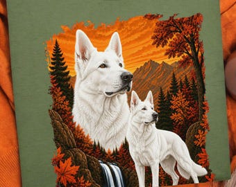 White German Shepherd Shirts, Retro 90's Fall GSD Dog Mom Crewneck Sweatshirt or Tee, Women's Autumn Nature Shepherd Dog Lover Pullover Gift