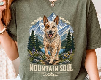 Red Heeler Shirt, Australian Cattle Dog Lover Top, Floral Nature ACD Dog Mom Gift, Outdoors Mountains Hiking Adventure Heeler Graphic Tee