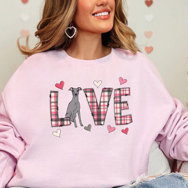Italian Greyhound Valentine Sweatshirt. Valentines Day Gray Iggy Dog Gifts. K9 Love & Hearts Holiday Sighthound Dog Mom Crewneck Sweater.