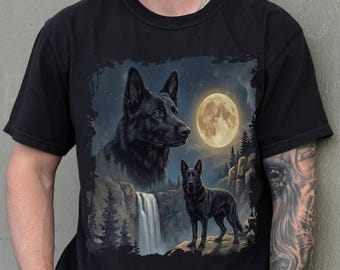 Black German Shepherd Retro 90s Animal Graphic Tee, Black GSD Dog Lover Tshirt Gift, Full Moon Nature Y2k 2000s Goth Shepherd Dog Shirt