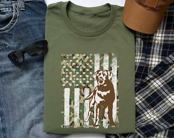 Chocolate Lab Dad Shirt, Labrador Retriever Green Camo Grunge Flag Graphic Tee, Patriotic Hunting Dog Gift for Men