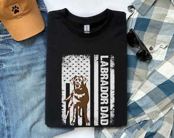 Chocolate Lab Dog Dad Shirt, Custom Fathers Day Retriever Dad Gift, Hunting Dog Grunge Flag T-Shirt, Patriotic Lab Dad Birthday Gift Men