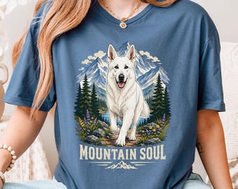 White German Shepherd Shirt, White Shepherd Dog Lover Top, Floral Nature Dog Mom Gift, Outdoors Mountains Hiking Adventure GSD Graphic Tee
