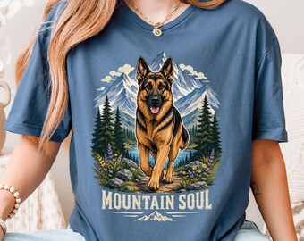 German Shepherd Shirt, Black & Tan Shepherd Dog Lover Top, Floral Nature Dog Mom Gift, Outdoors Mountains Hiking Adventure GSD Graphic Tee