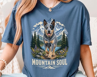 Blue Heeler Shirt, Australian Cattle Dog Lover Top, Floral Nature ACD Dog Mom Gift, Outdoors Mountains Hiking Adventure Heeler Graphic Tee