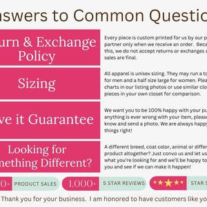 May include: A graphic with the text "Answers to Common Questions" and pink rectangular blocks with text such as "Return & Exchange Policy" and "Sizing". Includes product sales and star review metrics.