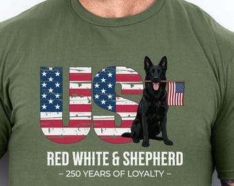 Chemise 250e anniversaire berger allemand noire, T-shirt drapeau américain patriotique GSD rouge blanc, 1776-2026 États-Unis T-shirt 250 ans Amérique K9 Handler
