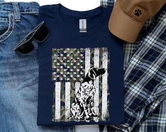 German Shorthaired Pointer Grunge American Flag Camoflage Shirt, Camo Hunting Hunter GSP Dad Shirt,  Unisex Patriotic GSP Gifts Dog Mom Tee