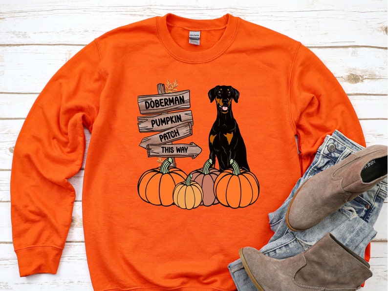 Doberman Halloween Sweatshirt. Fall Doberman Sweatshirt. Doberman Pinscher Halloween Shirt. Natural Ears Doberman Gifts. Autumn Dobie Shirt. Orange