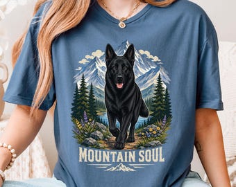 Black German Shepherd Shirt, Black Shepherd Dog Lover Top, Floral Nature Dog Mom Gift, Outdoors Mountains Hiking Adventure GSD Graphic Tee