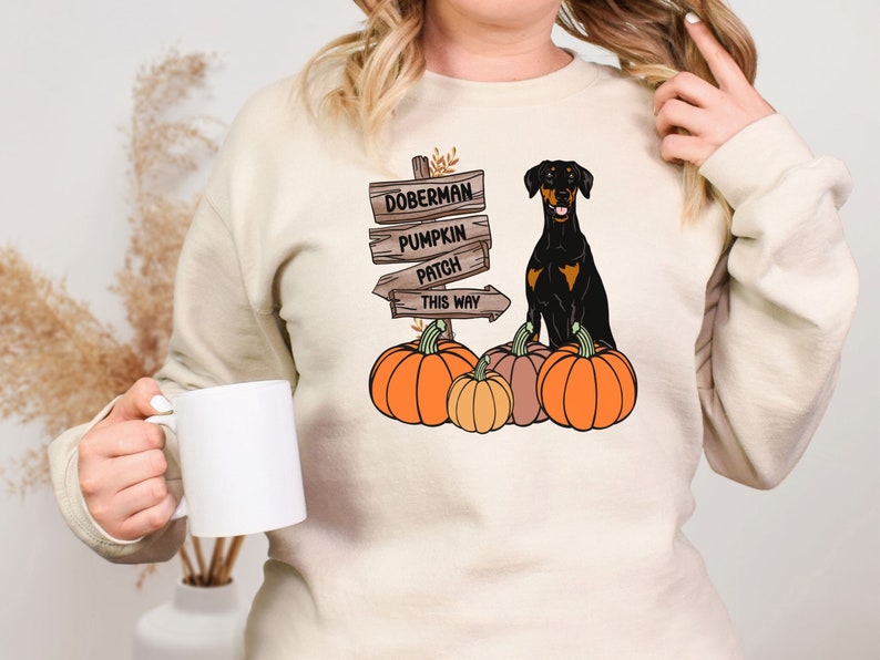 Doberman Halloween Sweatshirt. Fall Doberman Sweatshirt. Doberman Pinscher Halloween Shirt. Natural Ears Doberman Gifts. Autumn Dobie Shirt. Sand