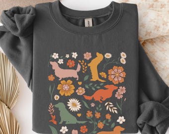 Longhaired Dachshund Sweatshirt, Boho Wildflower Weiner Dog Mom Crewneck Sweater, Women's Long-Haired Doxie Mom Floral Garden Pullover Shirt