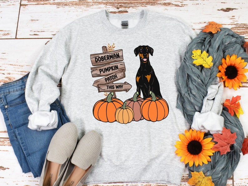 Doberman Halloween Sweatshirt. Fall Doberman Sweatshirt. Doberman Pinscher Halloween Shirt. Natural Ears Doberman Gifts. Autumn Dobie Shirt. Ash